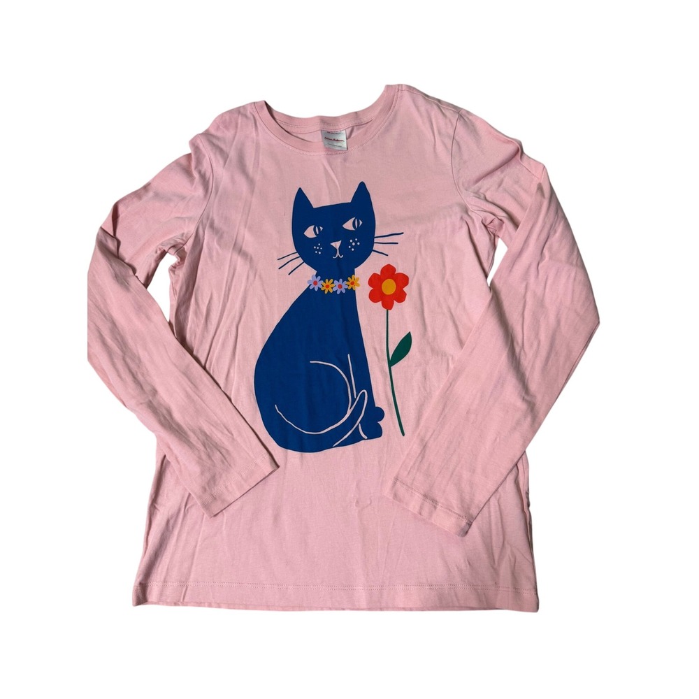 Hanna Andersson Kids Pink Long Sleeve Blue Cat Flower Graphic Tee Size 12